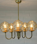 Vintage Restored Hollywood Regency Chandelier – 5 Amber Glass Globes, Brass-Tone Gooseneck Design, Yugoslavia 1980s