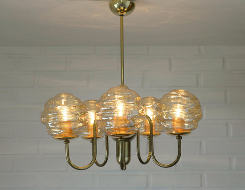 Vintage Restored Hollywood Regency Chandelier – 5 Amber Glass Globes, Brass-Tone Gooseneck Design, Yugoslavia 1980s