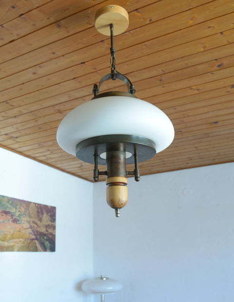 Vintage Lantern Pendant Light | Mid Century Opaline Glass Chandelier | Rewired Yugoslavian Hanging Lamp | Rustic Colonial