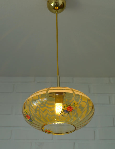 Vintage Mid-Century Amber Glass Pendant Lamp | Floral Glass Chandelier | Retro Kitchen Ceiling Light | Yugoslavia 1950s–60s