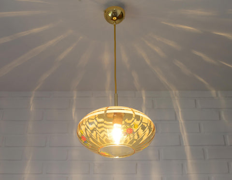 Vintage Mid-Century Amber Glass Pendant Lamp | Floral Glass Chandelier | Retro Kitchen Ceiling Light | Yugoslavia 1950s–60s