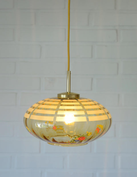 Vintage Mid-Century Amber Glass Pendant Lamp | Floral Glass Chandelier | Retro Kitchen Ceiling Light | Yugoslavia 1950s–60s