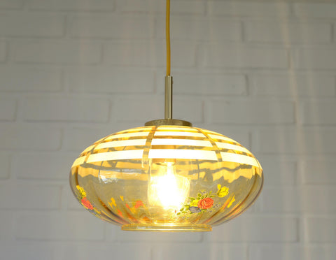 Vintage Mid-Century Amber Glass Pendant Lamp | Floral Glass Chandelier | Retro Kitchen Ceiling Light | Yugoslavia 1950s–60s