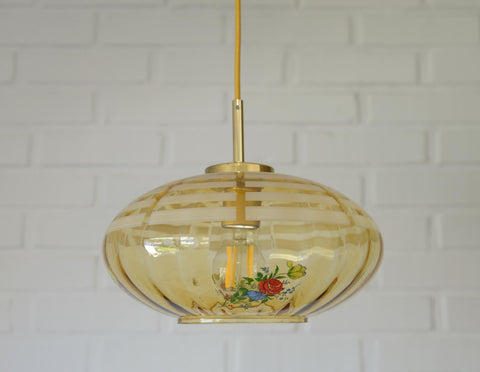 Vintage Mid-Century Amber Glass Pendant Lamp | Floral Glass Chandelier | Retro Kitchen Ceiling Light | Yugoslavia 1950s–60s