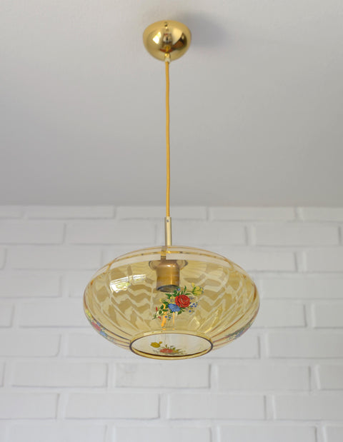 Vintage Mid-Century Amber Glass Pendant Lamp | Floral Glass Chandelier | Retro Kitchen Ceiling Light | Yugoslavia 1950s–60s
