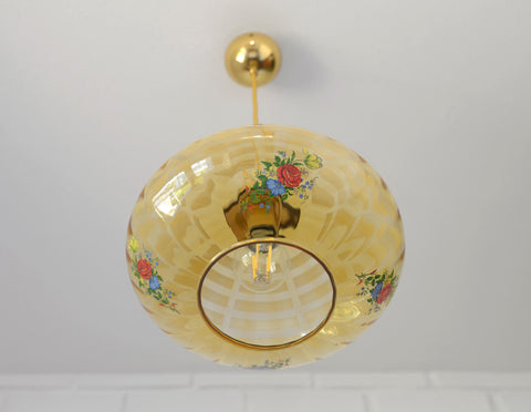 Vintage Mid-Century Amber Glass Pendant Lamp | Floral Glass Chandelier | Retro Kitchen Ceiling Light | Yugoslavia 1950s–60s