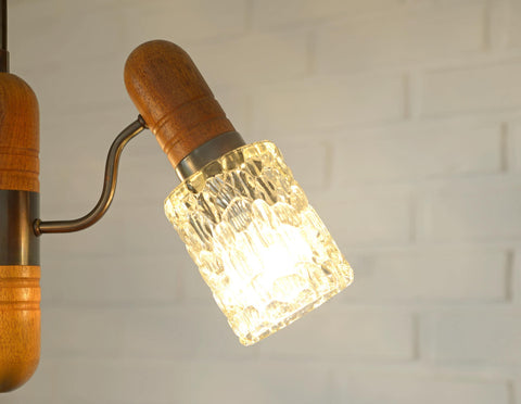 Vintage Rustic Mid Century Chandelier Pendant Light – Solid Oak & Textured Glass Shades – Yugoslavia 1960s/70s