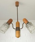 Vintage Rustic Mid Century Chandelier Pendant Light – Solid Oak & Textured Glass Shades – Yugoslavia 1960s/70s