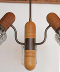 Vintage Rustic Mid Century Chandelier Pendant Light – Solid Oak & Textured Glass Shades – Yugoslavia 1960s/70s