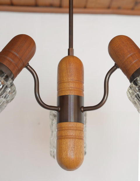 Vintage Rustic Mid Century Chandelier Pendant Light – Solid Oak & Textured Glass Shades – Yugoslavia 1960s/70s