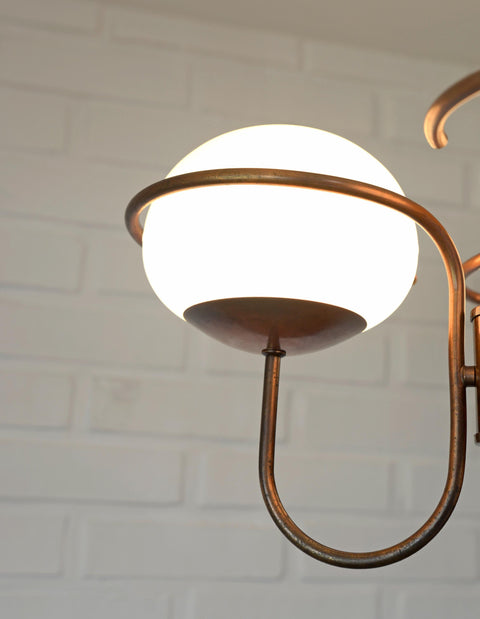 Vintage Copper Pendant Light with Milky Glass Globes – Mid Century Hanging Lamp