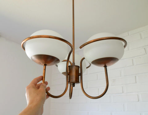 Vintage Copper Pendant Light with Milky Glass Globes – Mid Century Hanging Lamp