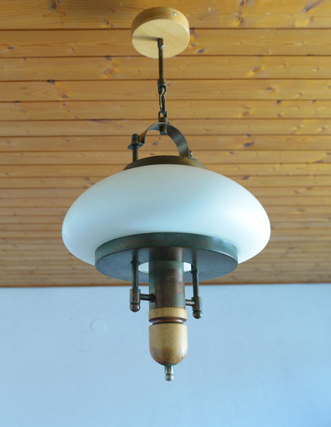 Vintage Lantern Pendant Light | Mid Century Opaline Glass Chandelier | Rewired Yugoslavian Hanging Lamp | Rustic Colonial