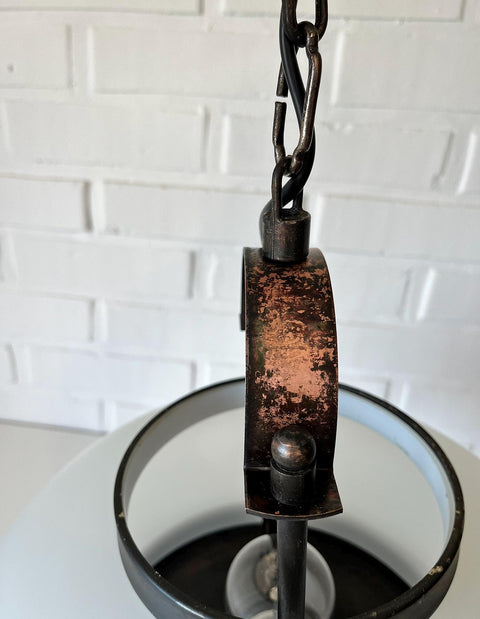 Vintage Lantern Pendant Light | Mid Century Opaline Glass Chandelier | Rewired Yugoslavian Hanging Lamp | Rustic Colonial