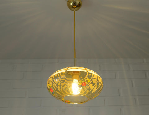 Vintage Mid-Century Amber Glass Pendant Lamp | Floral Glass Chandelier | Retro Kitchen Ceiling Light | Yugoslavia 1950s–60s