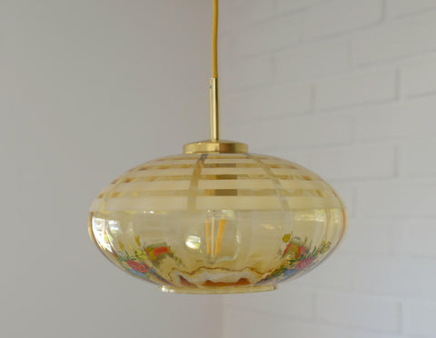 Vintage Mid-Century Amber Glass Pendant Lamp | Floral Glass Chandelier | Retro Kitchen Ceiling Light | Yugoslavia 1950s–60s