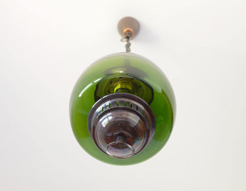Vintage Green Glass Pendant Light, Mid Century Hanging Lamp, Yugoslavia 1970s