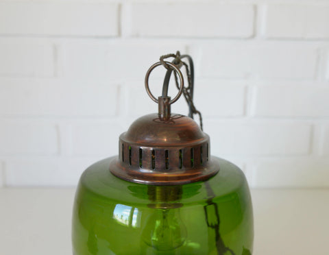 Vintage Green Glass Pendant Light, Mid Century Hanging Lamp, Yugoslavia 1970s