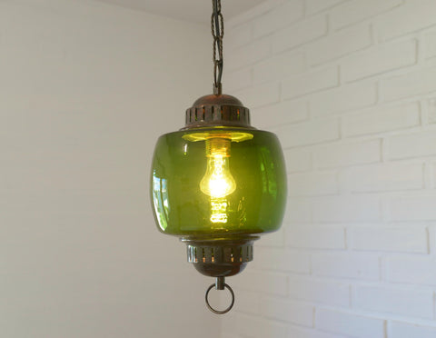 Vintage Green Glass Pendant Light, Mid Century Hanging Lamp, Yugoslavia 1970s