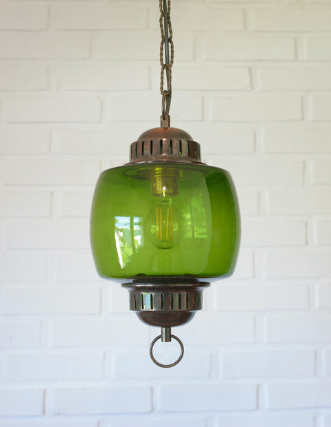 Vintage Green Glass Pendant Light, Mid Century Hanging Lamp, Yugoslavia 1970s