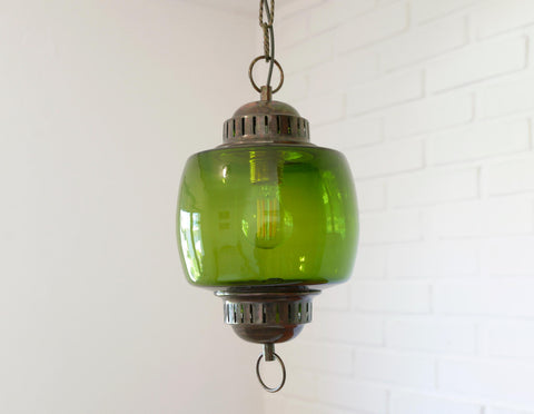 Vintage Green Glass Pendant Light, Mid Century Hanging Lamp, Yugoslavia 1970s