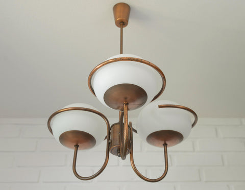 Vintage Copper Pendant Light with Milky Glass Globes – Mid Century Hanging Lamp