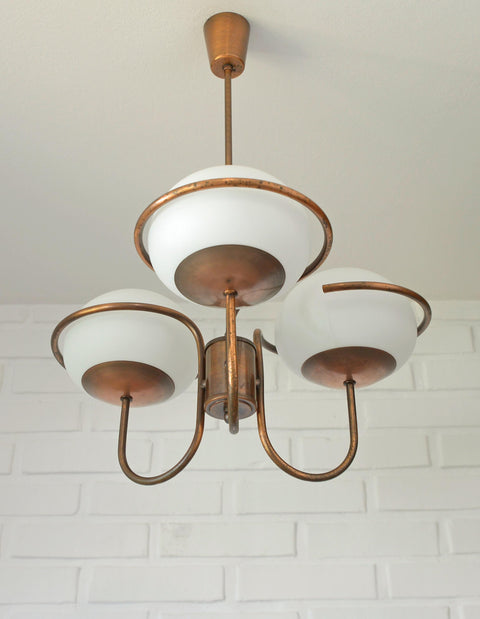 Vintage Copper Pendant Light with Milky Glass Globes – Mid Century Hanging Lamp