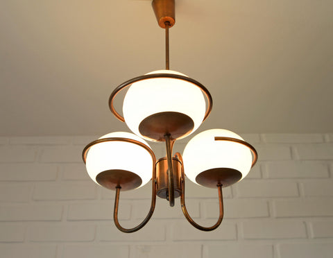 Vintage Copper Pendant Light with Milky Glass Globes – Mid Century Hanging Lamp