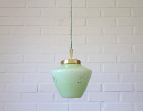 Vintage Space Age Mint Green Opaline Glass Pendant Light | Mid-Century Modern | Hand-Blown Glass | Brass Redesign