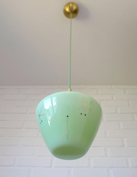 Vintage Space Age Mint Green Opaline Glass Pendant Light | Mid-Century Modern | Hand-Blown Glass | Brass Redesign