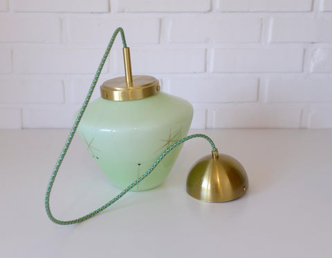 Vintage Space Age Mint Green Opaline Glass Pendant Light | Mid-Century Modern | Hand-Blown Glass | Brass Redesign
