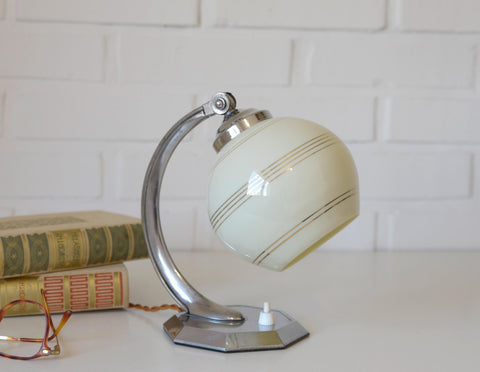 Restored Art Deco Table & Wall Lamp | Beige Hand-Blown Glass | Chrome Wall Light | 1930s–1940s | Fully Rewired | Rare Bauhaus Style