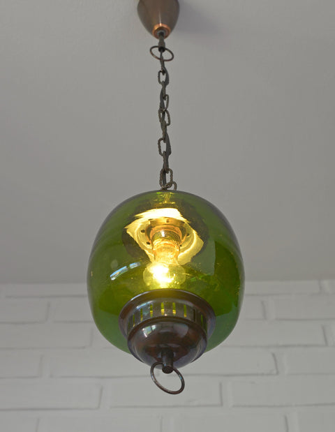 Vintage Green Glass Pendant Light, Mid Century Hanging Lamp, Yugoslavia 1970s