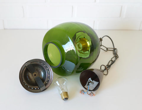 Vintage Green Glass Pendant Light, Mid Century Hanging Lamp, Yugoslavia 1970s