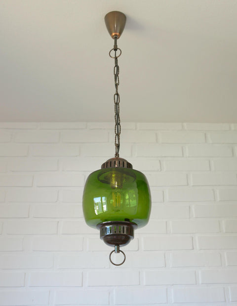 Vintage Green Glass Pendant Light, Mid Century Hanging Lamp, Yugoslavia 1970s