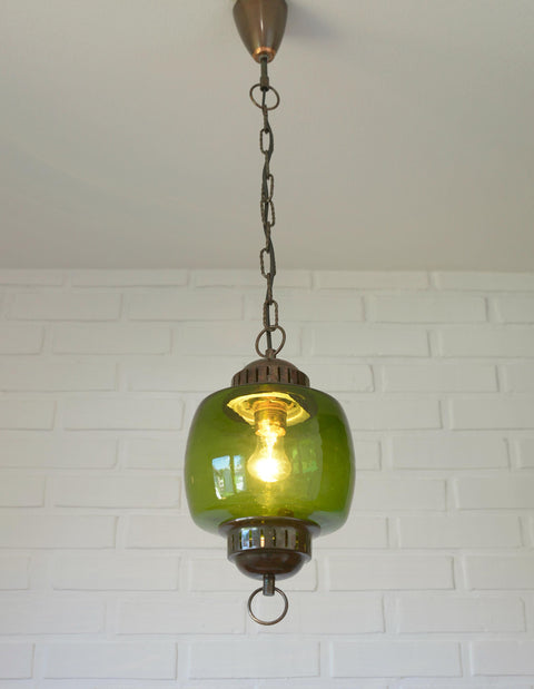 Vintage Green Glass Pendant Light, Mid Century Hanging Lamp, Yugoslavia 1970s