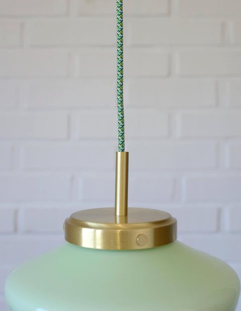 Vintage Space Age Mint Green Opaline Glass Pendant Light | Mid-Century Modern | Hand-Blown Glass | Brass Redesign