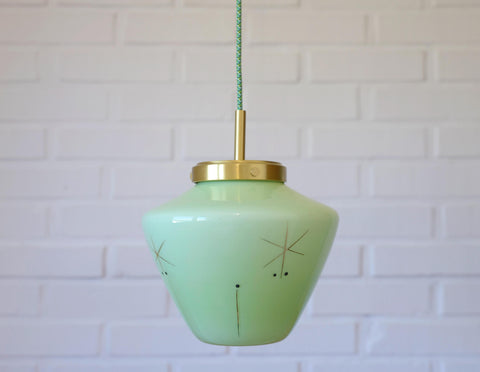 Vintage Space Age Mint Green Opaline Glass Pendant Light | Mid-Century Modern | Hand-Blown Glass | Brass Redesign