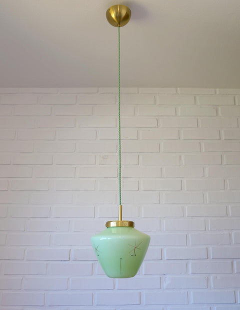 Vintage Space Age Mint Green Opaline Glass Pendant Light | Mid-Century Modern | Hand-Blown Glass | Brass Redesign