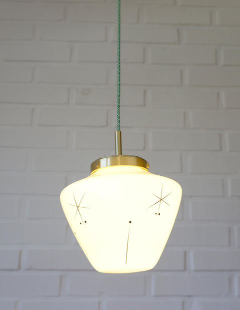 Vintage Space Age Mint Green Opaline Glass Pendant Light | Mid-Century Modern | Hand-Blown Glass | Brass Redesign