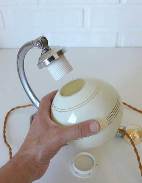 Restored Art Deco Table & Wall Lamp | Beige Hand-Blown Glass | Chrome Wall Light | 1930s–1940s | Fully Rewired | Rare Bauhaus Style