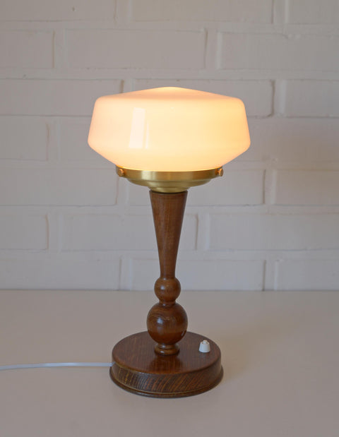 Art Deco Table Lamp | Vintage White Opaline Mushroom Glass | Restored Solid Wood | Fully Rewired | Bauhaus Style