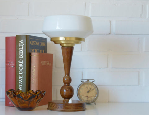 Art Deco Table Lamp | Vintage White Opaline Mushroom Glass | Restored Solid Wood | Fully Rewired | Bauhaus Style