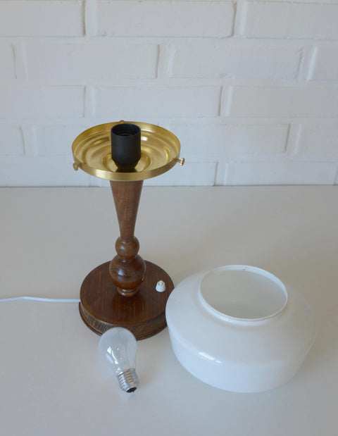 Art Deco Table Lamp | Vintage White Opaline Mushroom Glass | Restored Solid Wood | Fully Rewired | Bauhaus Style