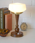 Art Deco Table Lamp | Vintage White Opaline Mushroom Glass | Restored Solid Wood | Fully Rewired | Bauhaus Style