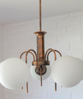Vintage Solid Copper Sputnik Chandelier | 5 Globe Opaline Glass Pendant Light | Mid Century Modern Spider Ceiling Lamp | Yugoslavia 1970s