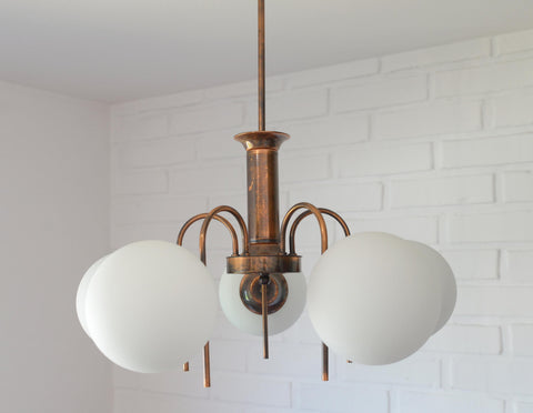 Vintage Solid Copper Sputnik Chandelier | 5 Globe Opaline Glass Pendant Light | Mid Century Modern Spider Ceiling Lamp | Yugoslavia 1970s