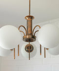 Vintage Solid Copper Sputnik Chandelier | 5 Globe Opaline Glass Pendant Light | Mid Century Modern Spider Ceiling Lamp | Yugoslavia 1970s