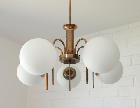 Vintage Solid Copper Sputnik Chandelier | 5 Globe Opaline Glass Pendant Light | Mid Century Modern Spider Ceiling Lamp | Yugoslavia 1970s