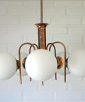 Vintage Solid Copper Sputnik Chandelier | 5 Globe Opaline Glass Pendant Light | Mid Century Modern Spider Ceiling Lamp | Yugoslavia 1970s